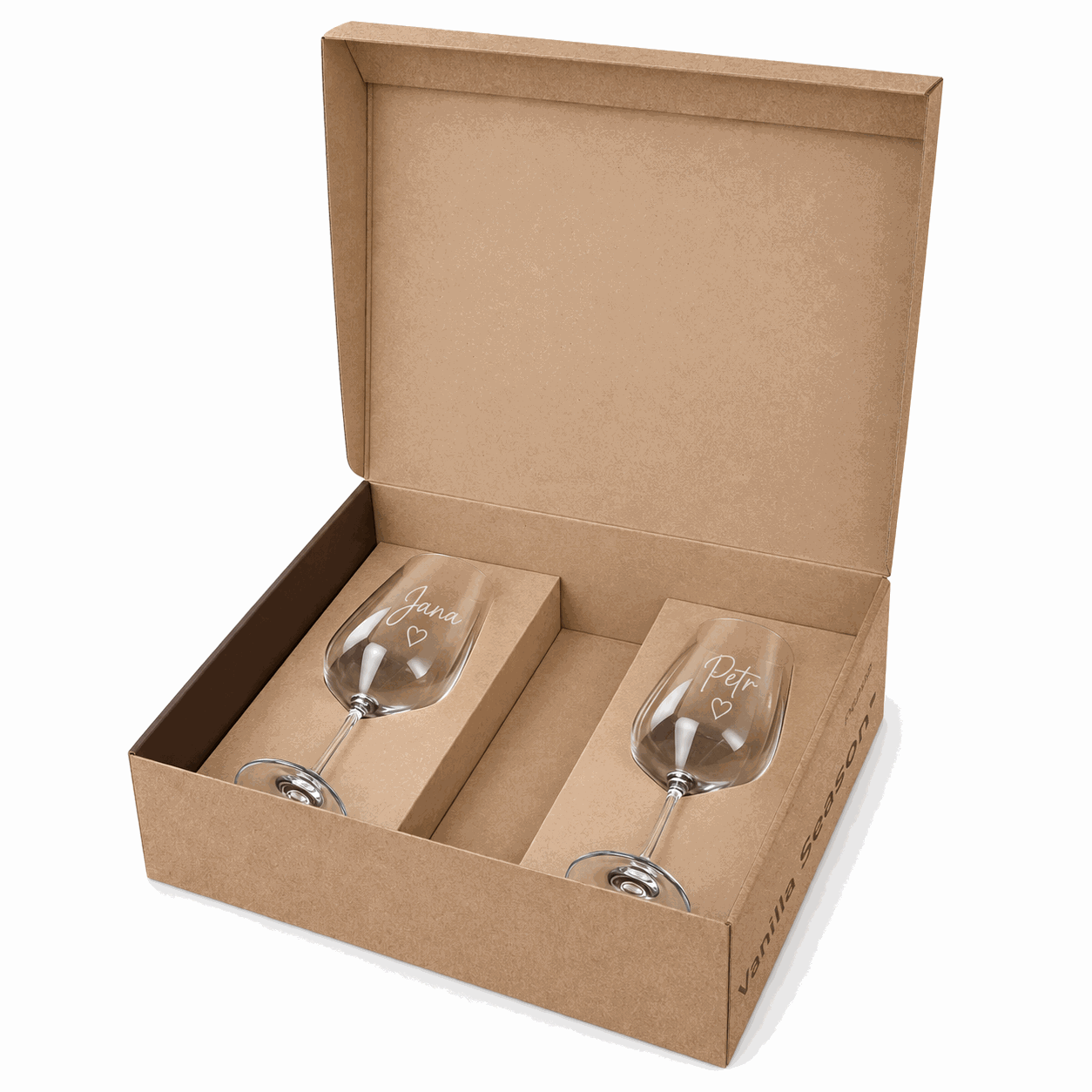 Weinset, Box mit Platz für eine Flasche + 2 Gläser mit individueller Gravur